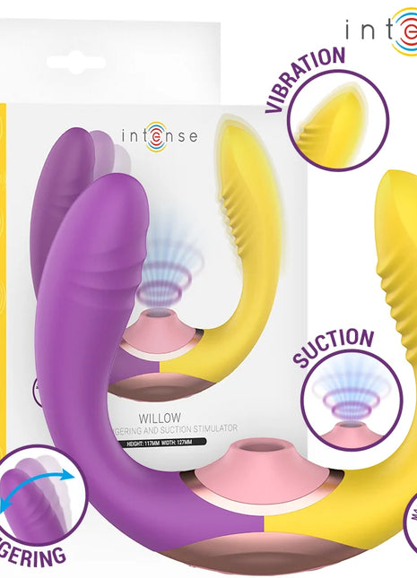 Der intense willow 3-in-1 saug- und vibrationsstimulator zeigt ergonomisches design mit lila und gelben silikonkörpern und pinken saugköpfen