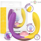 Der intense willow 3-in-1 saug- und vibrationsstimulator zeigt ergonomisches design mit lila und gelben silikonkörpern und pinken saugköpfen