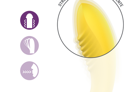 Gelbes silikon vibrierendes intenses willow 3-in-1 saug- und vibrationsstimulator mit strukturierten rillen und gebogenem griff