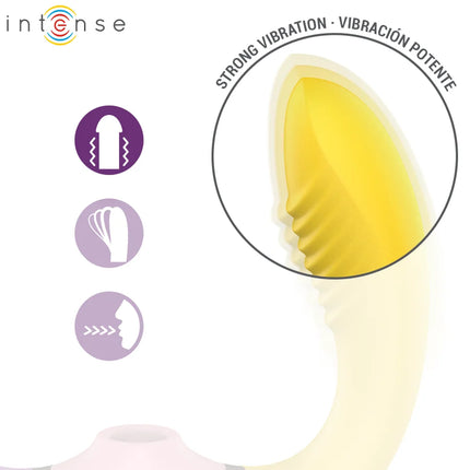 Gelbes silikon vibrierendes intenses willow 3-in-1 saug- und vibrationsstimulator mit strukturierten rillen und gebogenem griff