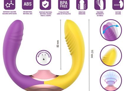 Intense willow 3-in-1 saug- und vibrationsstimulator in lila und gelb mit pinkem basismaterial aus supersoft silikon und abs