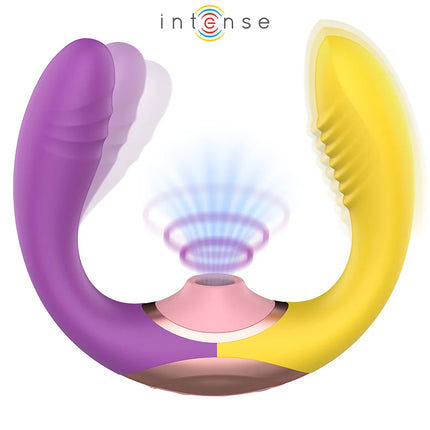 Intense willow 3-in-1 saug- und vibrationsstimulator dual-ended in lila und gelb mit texturierten griffen und pinkem mittelteil