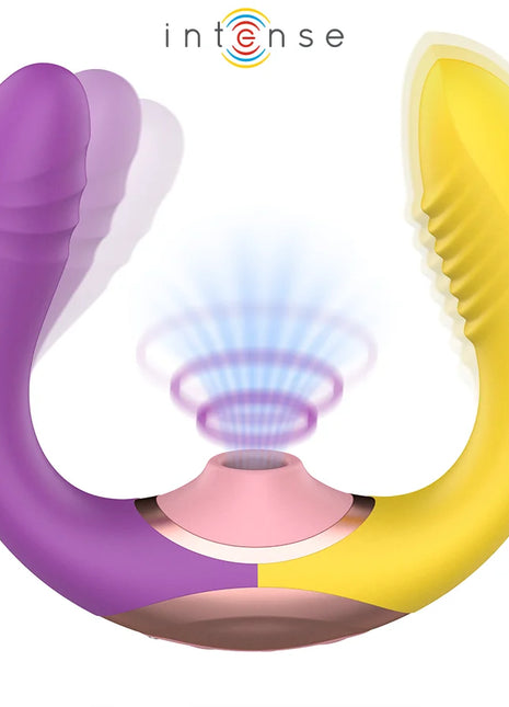Intense willow 3-in-1 saug- und vibrationsstimulator dual-ended in lila und gelb mit texturierten griffen und pinkem mittelteil