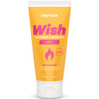 Ein lebhaft orangefarbener schlauch intymate wish heißes wasserbasiertes gleitmittel mit weißem deckel und pinkem logo, kondomkompatibel