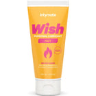 Ein lebhaft orangefarbener schlauch intymate wish heißes wasserbasiertes gleitmittel mit weißem deckel und pinkem logo, kondomkompatibel