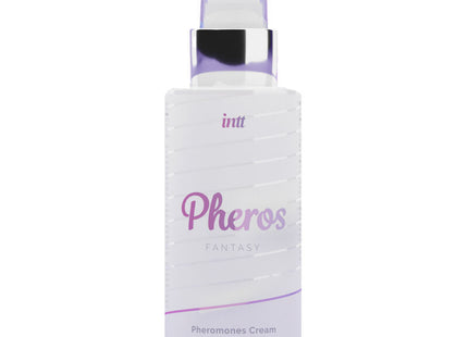 Ein schlanker weißer sprayspender mit silber-lila kapsel und etikett pheros fantasy pheromoncreme von intt