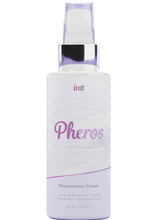 Ein schlanker weißer sprayspender mit silber-lila kapsel und etikett pheros fantasy pheromoncreme von intt