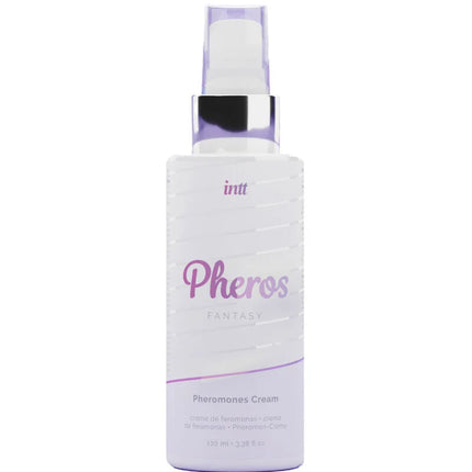 Ein schlanker weißer sprayspender mit silber-lila kapsel und etikett pheros fantasy pheromoncreme von intt