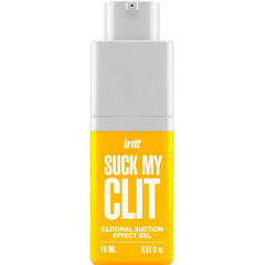Ein weißes und gelbes sprayfläschchen mit schwarzem text intt suck my clit klitoraler saugeffekt gel tropische mango 15 ml