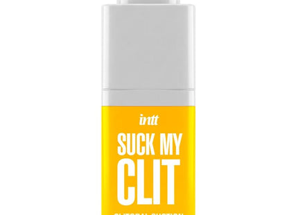 Ein weißes und gelbes sprayfläschchen mit schwarzem text intt suck my clit klitoraler saugeffekt gel tropische mango 15 ml