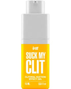 Ein weißes und gelbes sprayfläschchen mit schwarzem text intt suck my clit klitoraler saugeffekt gel tropische mango 15 ml