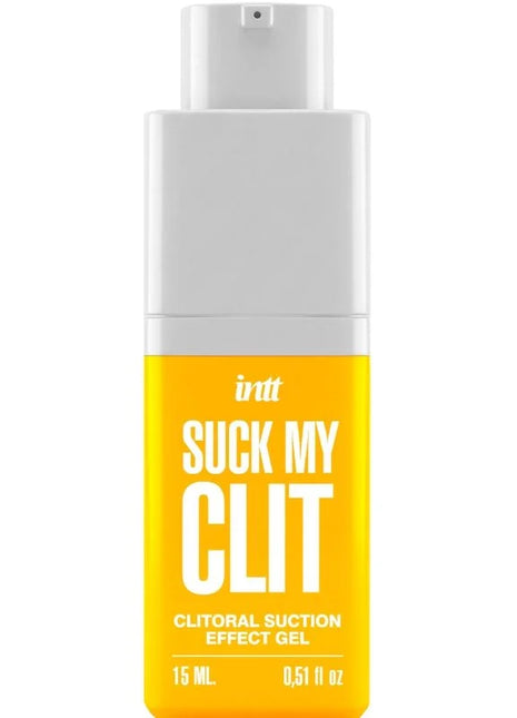 Ein weißes und gelbes sprayfläschchen mit schwarzem text intt suck my clit klitoraler saugeffekt gel tropische mango 15 ml