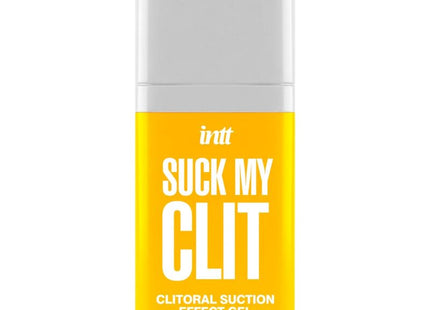 Eine gelbe rechteckige flasche mit weißem verschluss mit intt suck my clit klitorale saugeffekt gel tropische mango 15 ml etikett