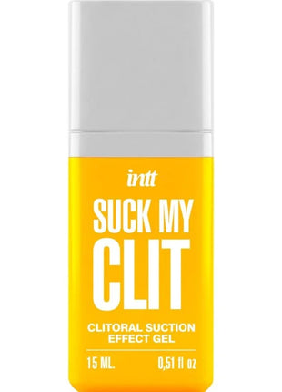 Eine gelbe rechteckige flasche mit weißem verschluss mit intt suck my clit klitorale saugeffekt gel tropische mango 15 ml etikett