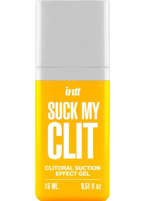 Eine gelbe rechteckige flasche mit weißem verschluss mit intt suck my clit klitorale saugeffekt gel tropische mango 15 ml etikett