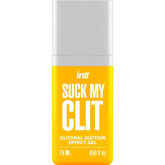 Eine gelbe rechteckige flasche mit weißem verschluss mit intt suck my clit klitorale saugeffekt gel tropische mango 15 ml etikett