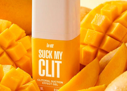 Ein lebendiges orangenes fläschchen mit weißem deckel namens suck my clit von intt für tropische mango gel