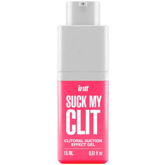 Ein lebhaft pinkfarbener rechteckiger flakon mit weißem pumpspender intt suck my clit saugeffekt gel 15 ml