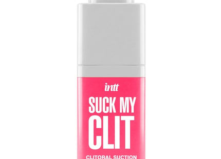 Ein lebhaft pinkfarbener rechteckiger flakon mit weißem pumpspender intt suck my clit saugeffekt gel 15 ml