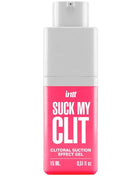 Ein lebhaft pinkfarbener rechteckiger flakon mit weißem pumpspender intt suck my clit saugeffekt gel 15 ml