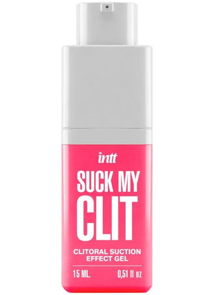 Ein lebhaft pinkfarbener rechteckiger flakon mit weißem pumpspender intt suck my clit saugeffekt gel 15 ml