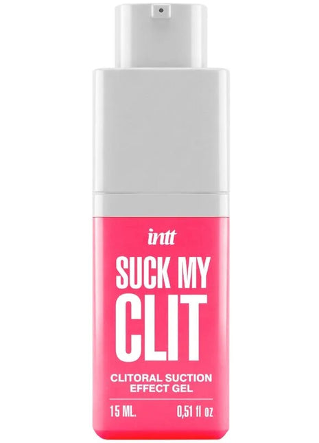 Ein lebhaft pinkfarbener rechteckiger flakon mit weißem pumpspender intt suck my clit saugeffekt gel 15 ml