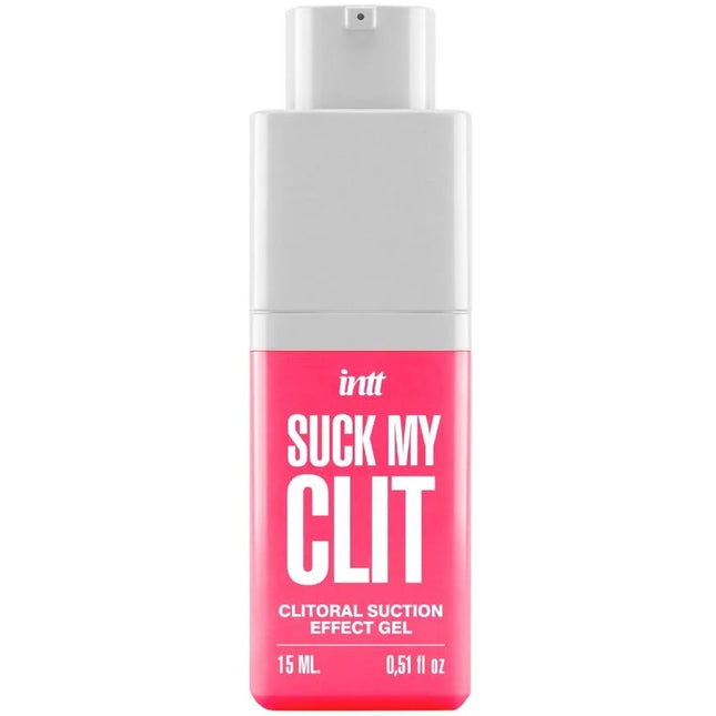 Ein lebhaft pinkfarbener rechteckiger flakon mit weißem pumpspender intt suck my clit saugeffekt gel 15 ml