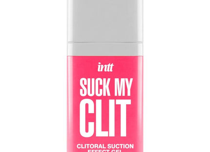 Ein pinkes rechteckiges fläschchen intt suck my clit clitorales saugeffekt-gel wilde erdbeere 15 ml mit silberkappe