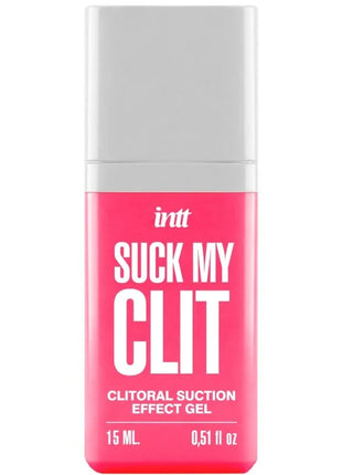 Ein pinkes rechteckiges fläschchen intt suck my clit clitorales saugeffekt-gel wilde erdbeere 15 ml mit silberkappe