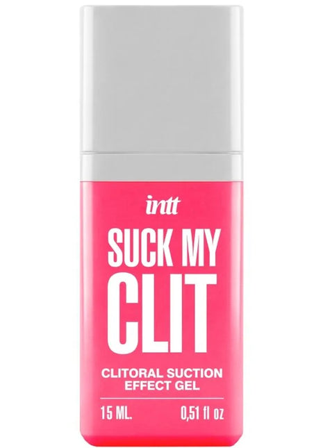 Ein pinkes rechteckiges fläschchen intt suck my clit clitorales saugeffekt-gel wilde erdbeere 15 ml mit silberkappe