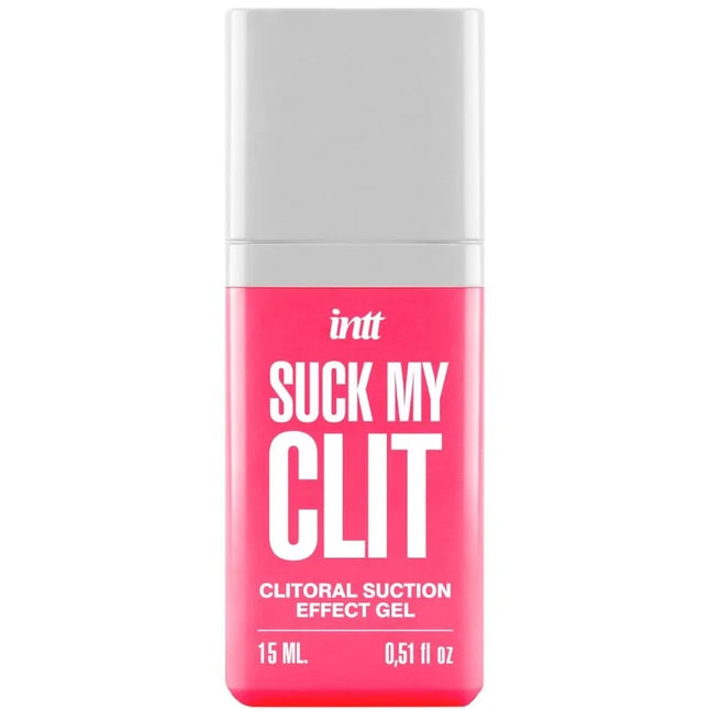 Ein pinkes rechteckiges fläschchen intt suck my clit clitorales saugeffekt-gel wilde erdbeere 15 ml mit silberkappe
