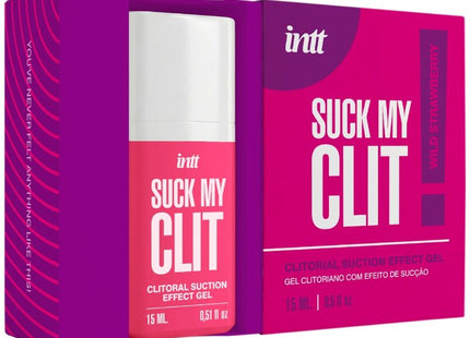 Eine lebendige pink-lila verpackte flasche intt suck my clit saugeffekt-gel wilde erdbeere mit weißem verschluss