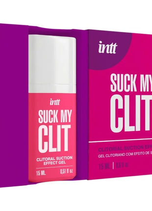 Eine lebendige pink-lila verpackte flasche intt suck my clit saugeffekt-gel wilde erdbeere mit weißem verschluss