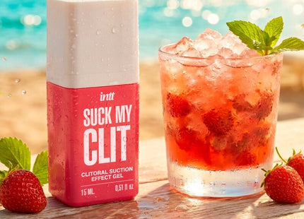 Eine lebendige rot-weiße rechteckige flasche inrtt suck my clit klitorale saugeffekt-gel wilde erdbeere 15 ml