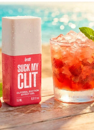 Eine lebendige rot-weiße rechteckige flasche inrtt suck my clit klitorale saugeffekt-gel wilde erdbeere 15 ml