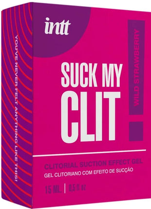Vibrante pink und lila verpackung von intt suck my clit saugeffekt gel wilde erdbeere 15 ml mit klitoraler saugwirkung