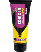 Lila und gelbes come in care gleitgel aloe vera von intercost mit schwarzem deckel und label mit neu und aloe vera text