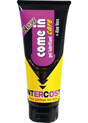 Lila und gelbes come in care gleitgel aloe vera von intercost mit schwarzem deckel und label mit neu und aloe vera text