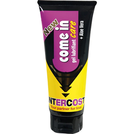 Lila und gelbes come in care gleitgel aloe vera von intercost mit schwarzem deckel und label mit neu und aloe vera text