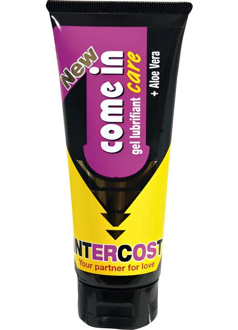 Lila und gelbes come in care gleitgel aloe vera von intercost mit schwarzem deckel und label mit neu und aloe vera text