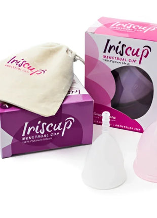 Iriscup großer rosa monatstasse aus flexiblem silikon in weiß und rosa mit kostenlosem sterilisatorbeutel