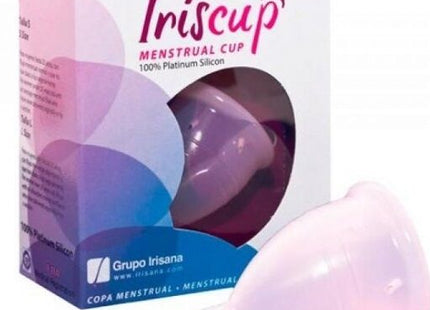 Iriscup grosser rosa monatstasse aus 100% platinsilikon mit transparentem becher und verpackung inklusive sterilisatorbeutel