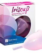 Iriscup grosser rosa monatstasse aus 100% platinsilikon mit transparentem becher und verpackung inklusive sterilisatorbeutel