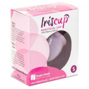 Rosa und weiße box mit lavendelfarbenem iriscup menstruationsbecher aus 100 prozent platin silber klein