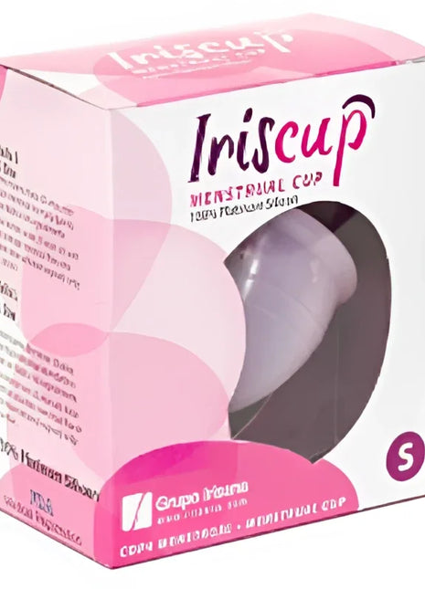Rosa und weiße box mit lavendelfarbenem iriscup menstruationsbecher aus 100 prozent platin silber klein