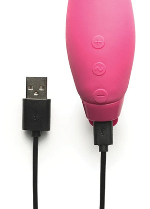 Je joue hera rabbit vibrator pink silicone with three control buttons and usb charging cable shown from the back side