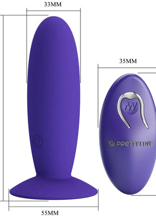 Lila silikon analvibrator mit fernbedienung und silbernem pretty love logo am fuß