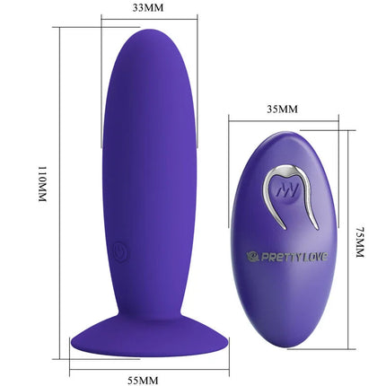 Lila silikon analvibrator mit fernbedienung und silbernem pretty love logo am fuß