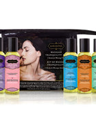 Set aus fünf bunten glasflaschen mit schwarzen kapseln und verschiedenen aromatischen massageölen von kamisama berührendes massageset