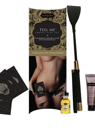Schwarzes und goldenes Kamasutra Feel Me Erotik-Kit mit Lederpeitsche, Liebesflüssigkeit und sinnlichen Accessoires